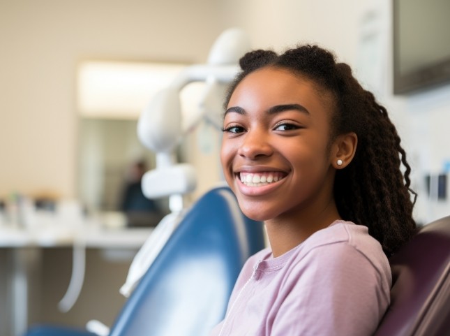 Teenage girl smiling while visiting dentist for teens in San Ramon